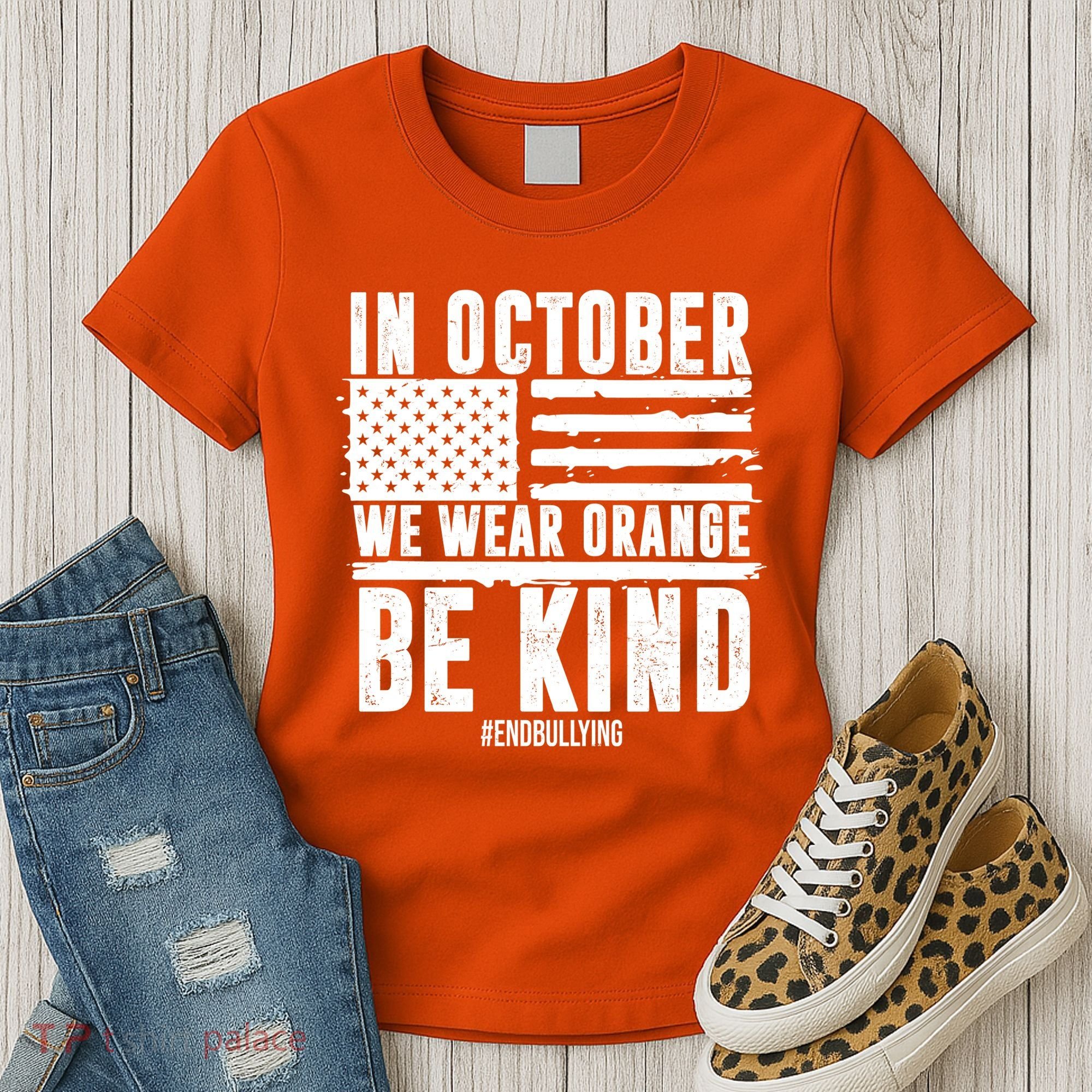 In October We Wear Orange Be Kind End Bullying Usa Flag Unity Day Women's T-Shirt
