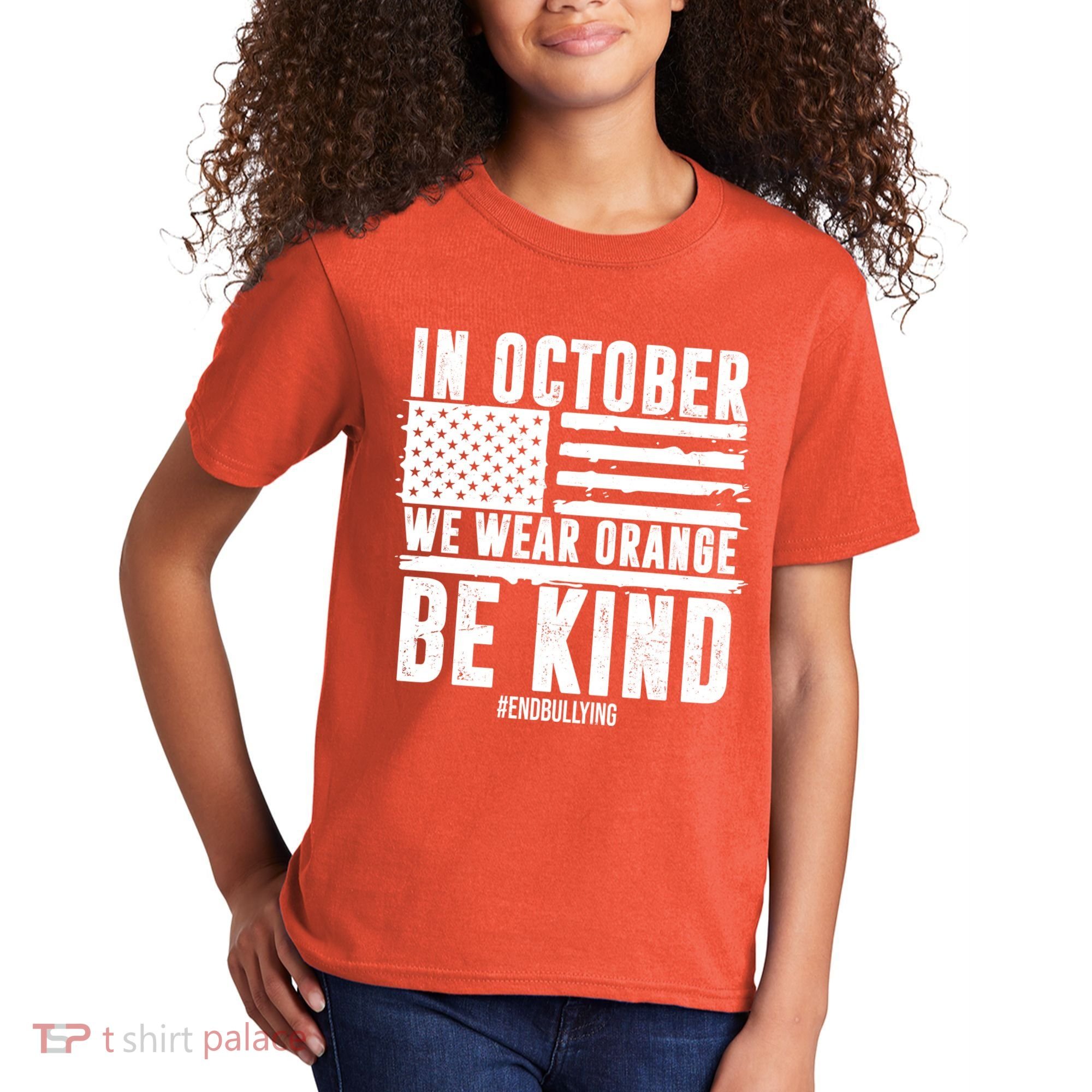 In October We Wear Orange Be Kind End Bullying Usa Flag Unity Day Kids T-Shirt