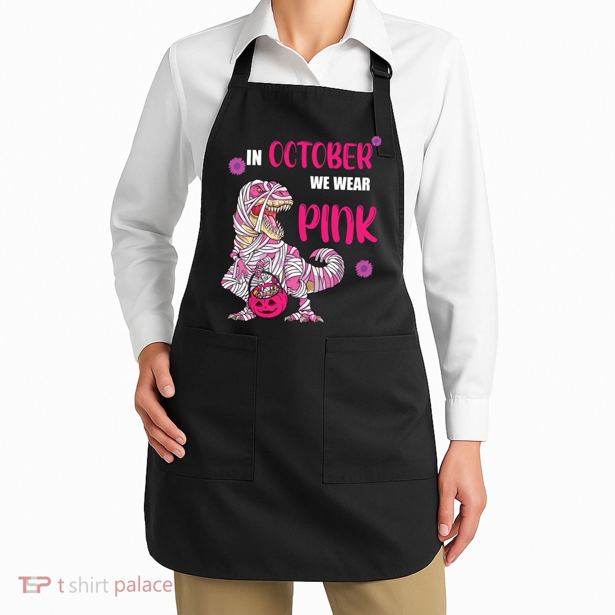 In October We Wear Pink Breast Cancer Trex Dino Apron