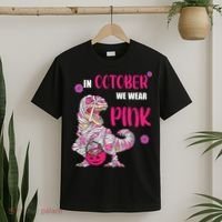In October We Wear Pink Breast Cancer Trex Dino T-Shirt thumb 2
