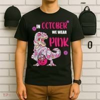 In October We Wear Pink Breast Cancer Trex Dino T-Shirt thumb 6