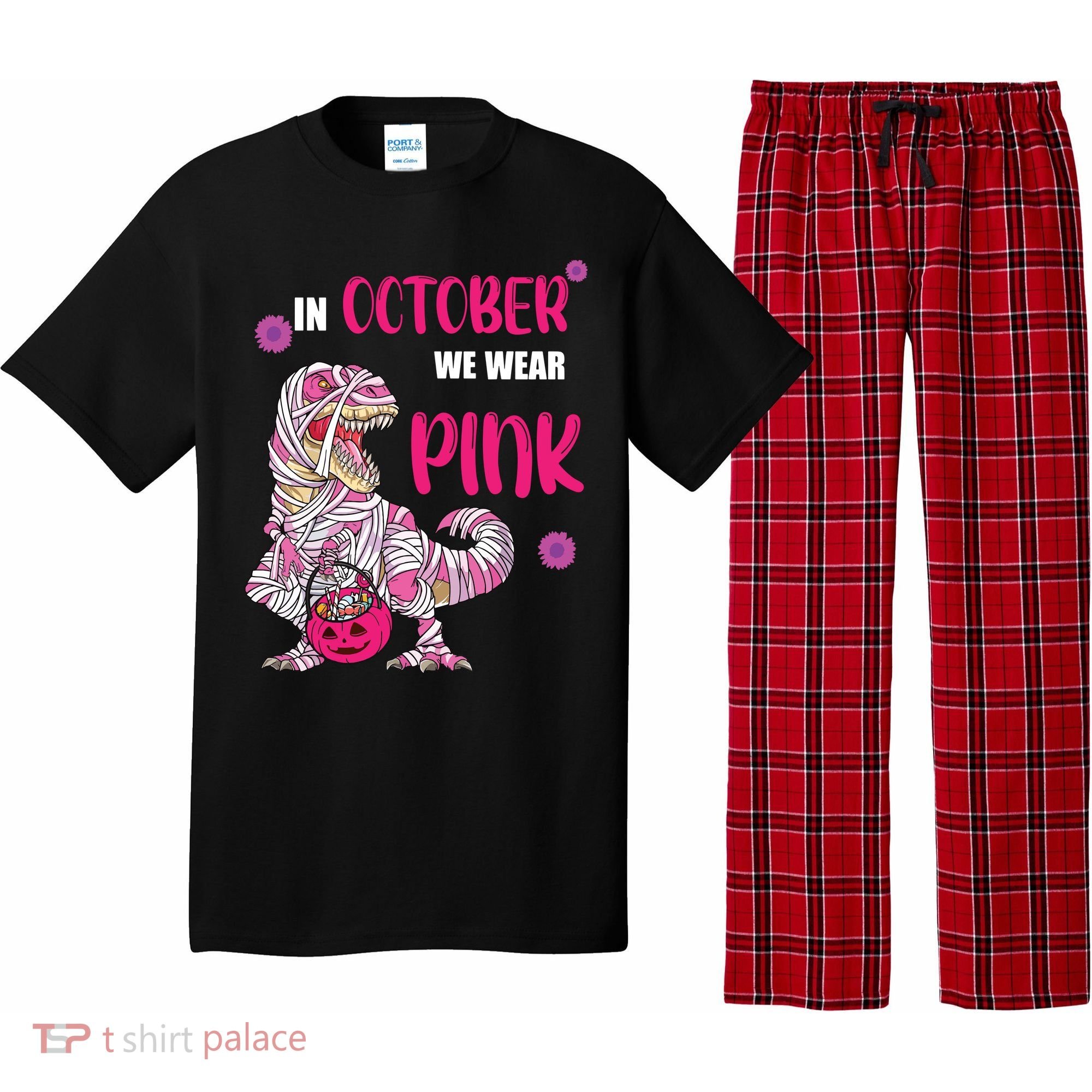 In October We Wear Pink Breast Cancer Trex Dino Pajama Set