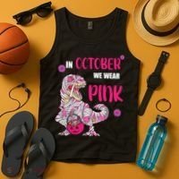 In October We Wear Pink Breast Cancer Trex Dino Tank Top thumb 4