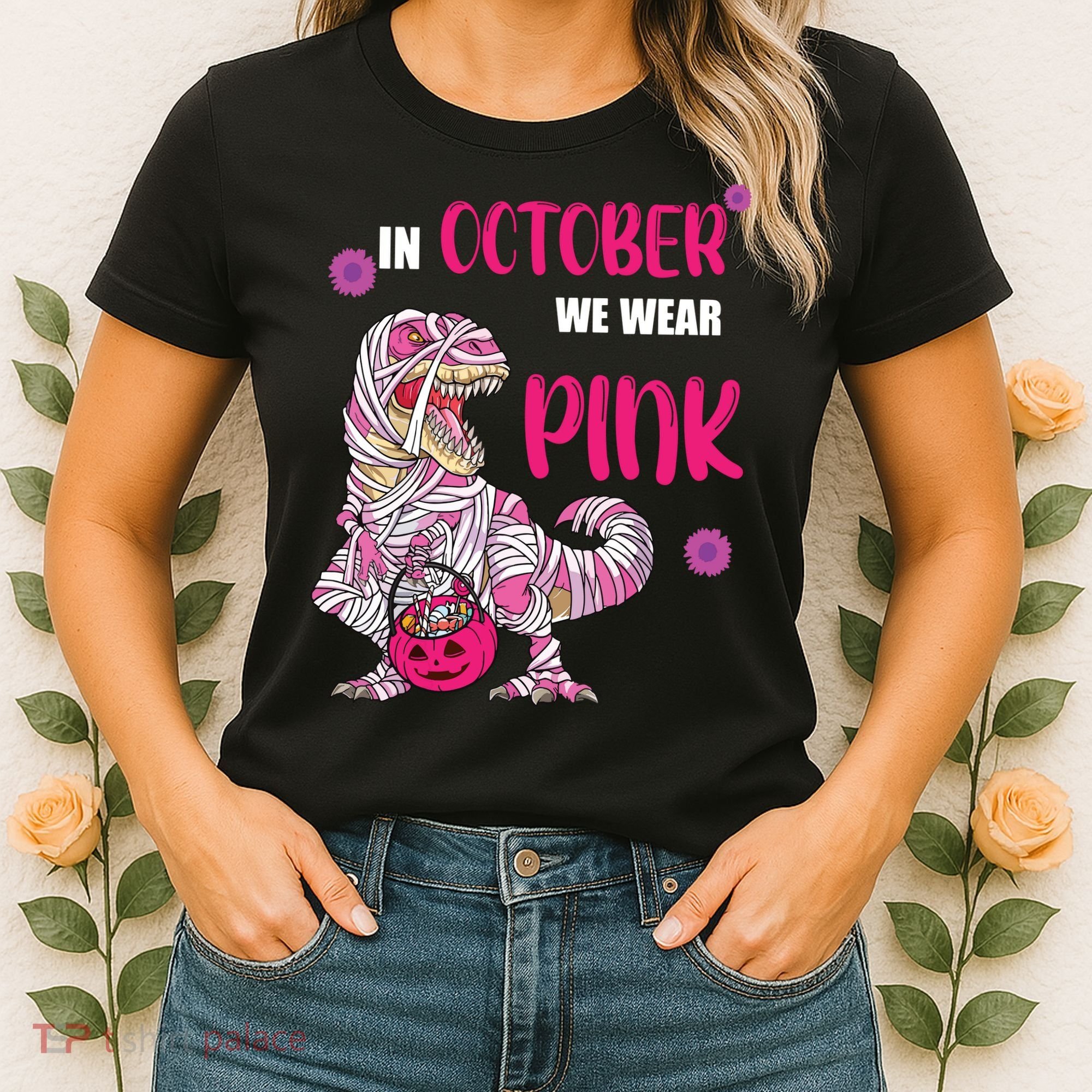 In October We Wear Pink Breast Cancer Trex Dino Women's T-Shirt