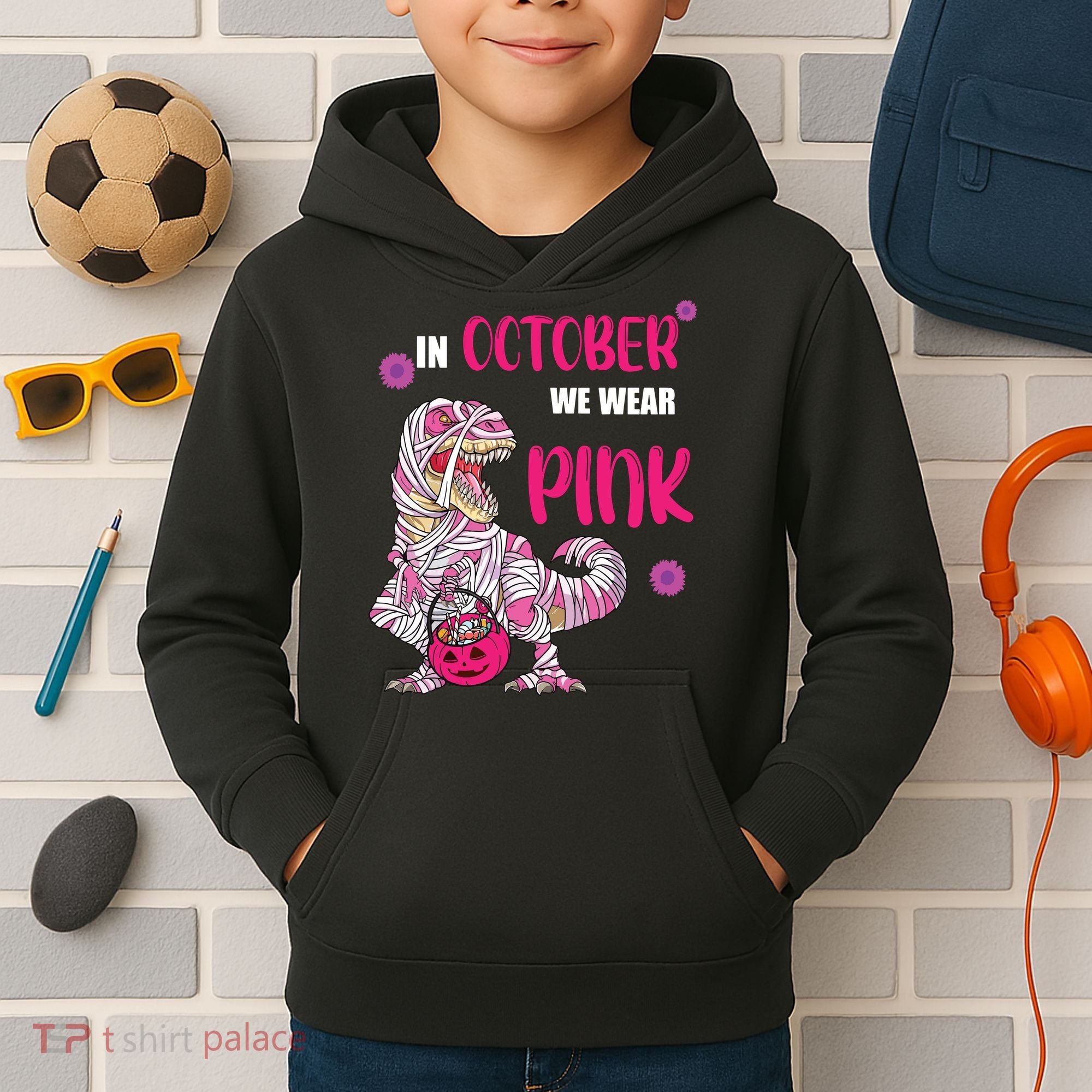 In October We Wear Pink Breast Cancer Trex Dino Kids Hoodie
