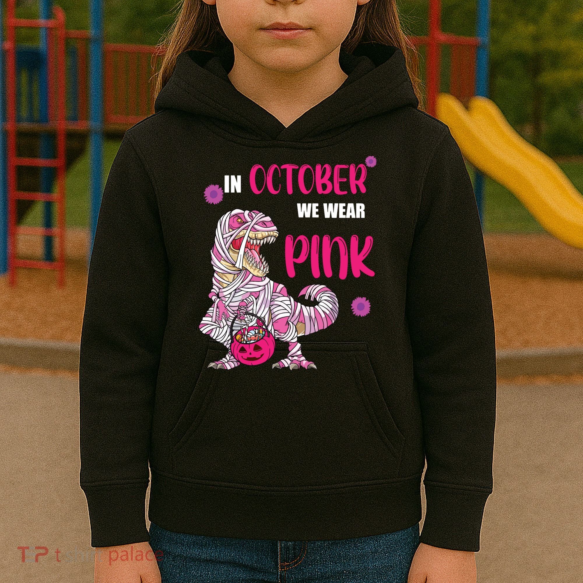 In October We Wear Pink Breast Cancer Trex Dino Kids Hoodie