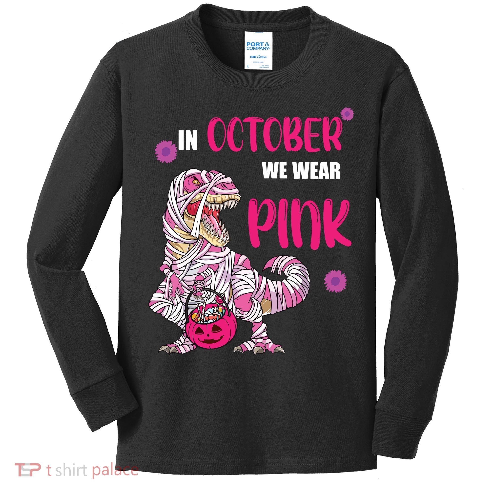 In October We Wear Pink Breast Cancer Trex Dino Kids Long Sleeve Shirt