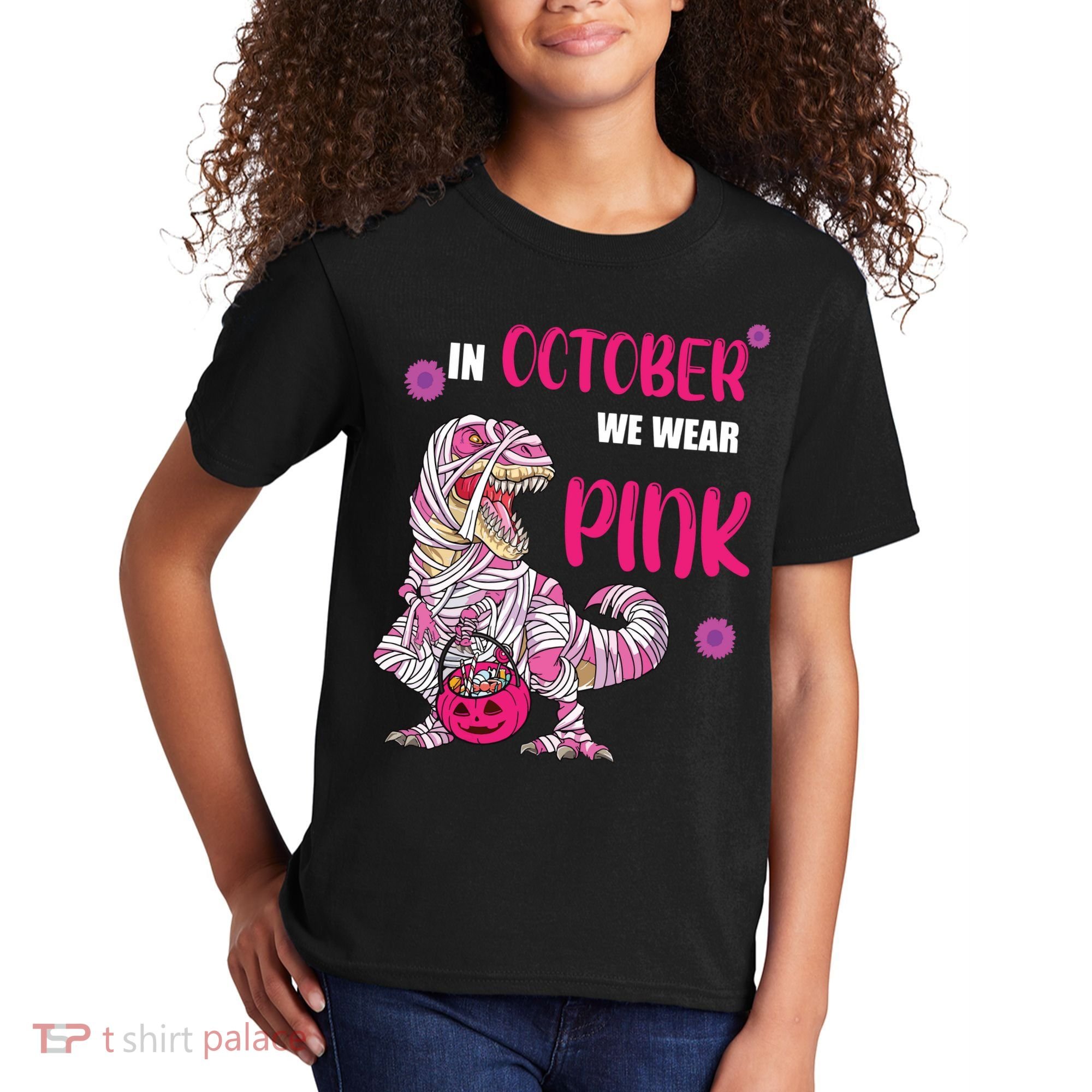 In October We Wear Pink Breast Cancer Trex Dino Kids T-Shirt