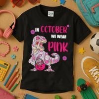 In October We Wear Pink Breast Cancer Trex Dino Kids T-Shirt thumb 3