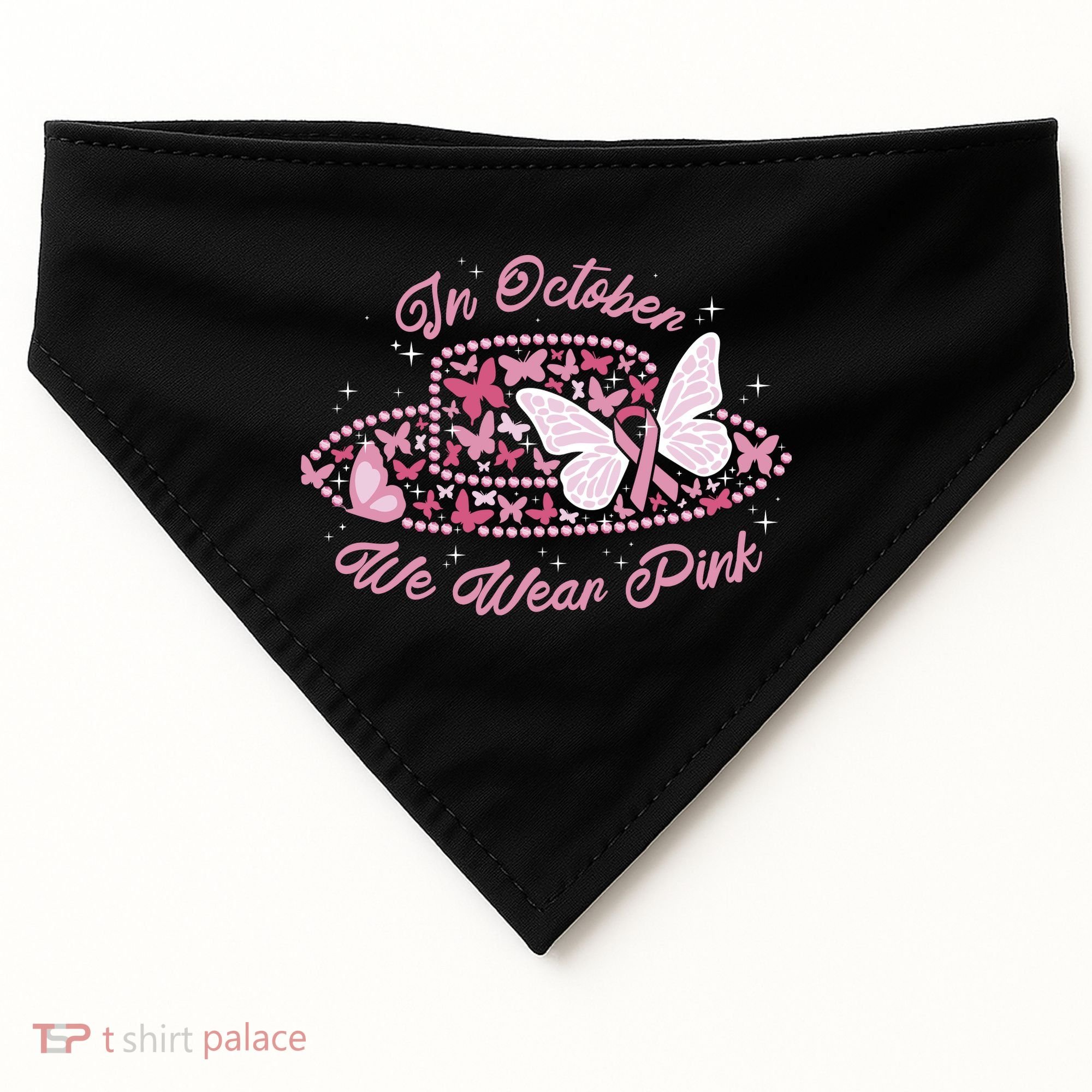 In October We Wear Pink Butterfly Ribbon USA-Made Doggie Bandana