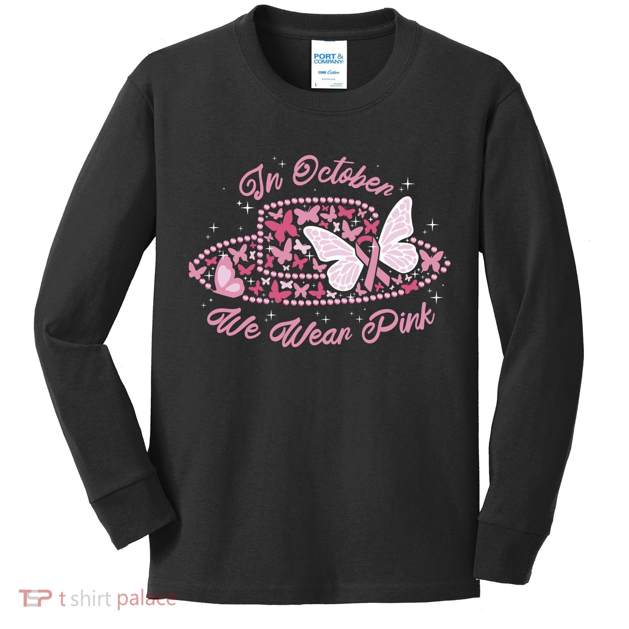In October We Wear Pink Butterfly Ribbon Kids Long Sleeve Shirt