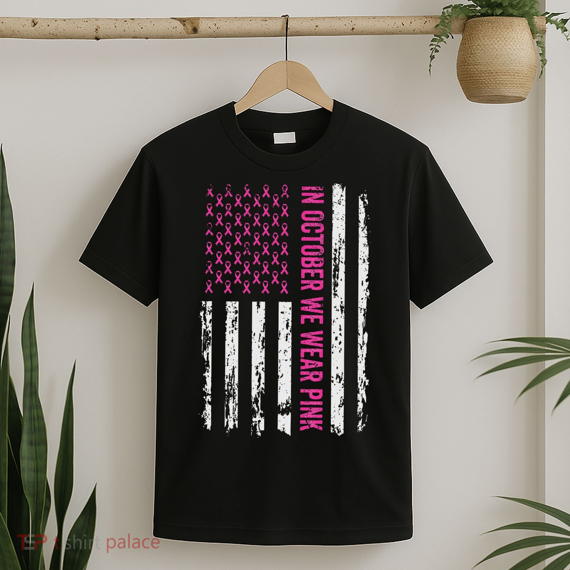In October We Wear Ribbon Flag Breast Cancer T-Shirt
