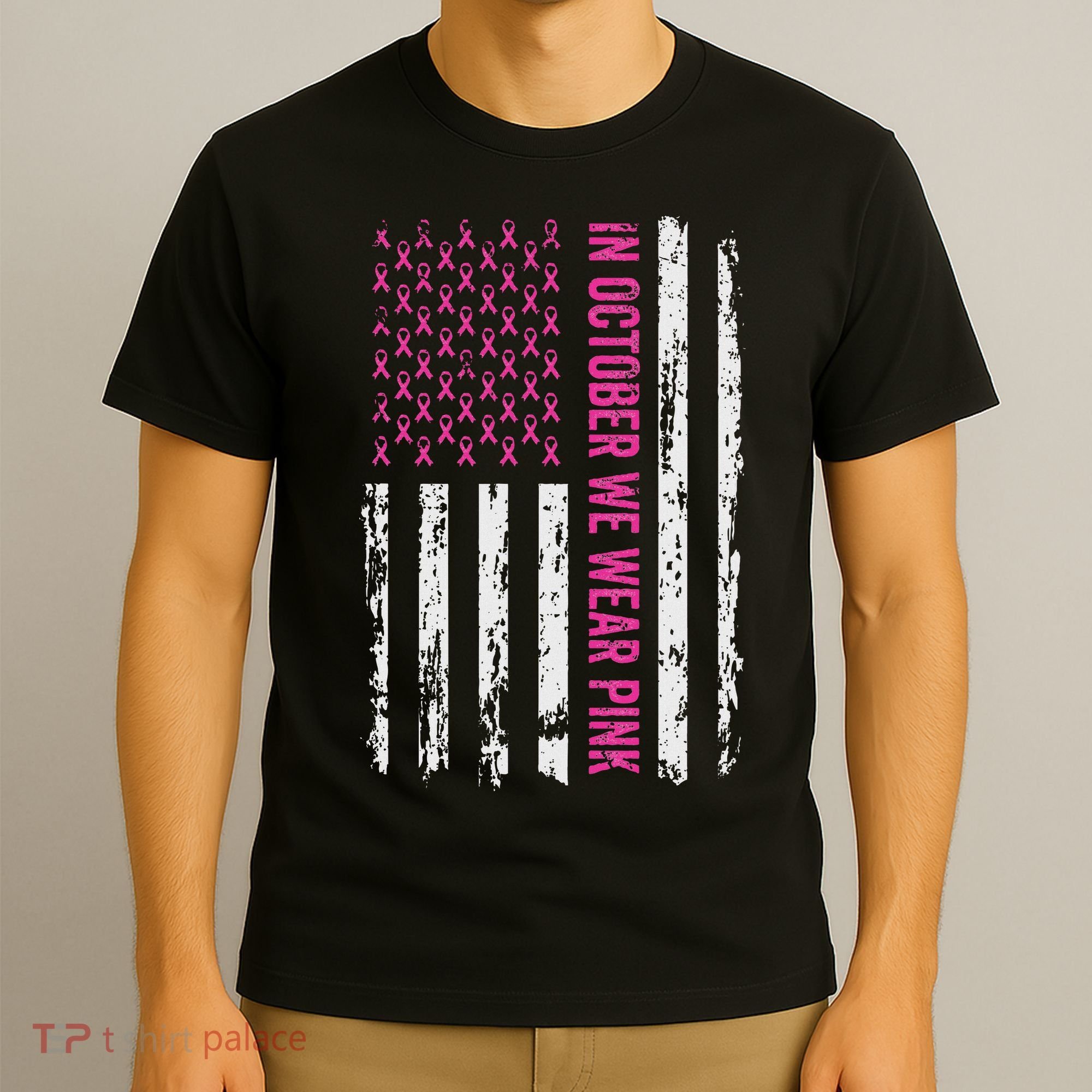 In October We Wear Ribbon Flag Breast Cancer T-Shirt