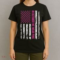 In October We Wear Ribbon Flag Breast Cancer T-Shirt thumb 4