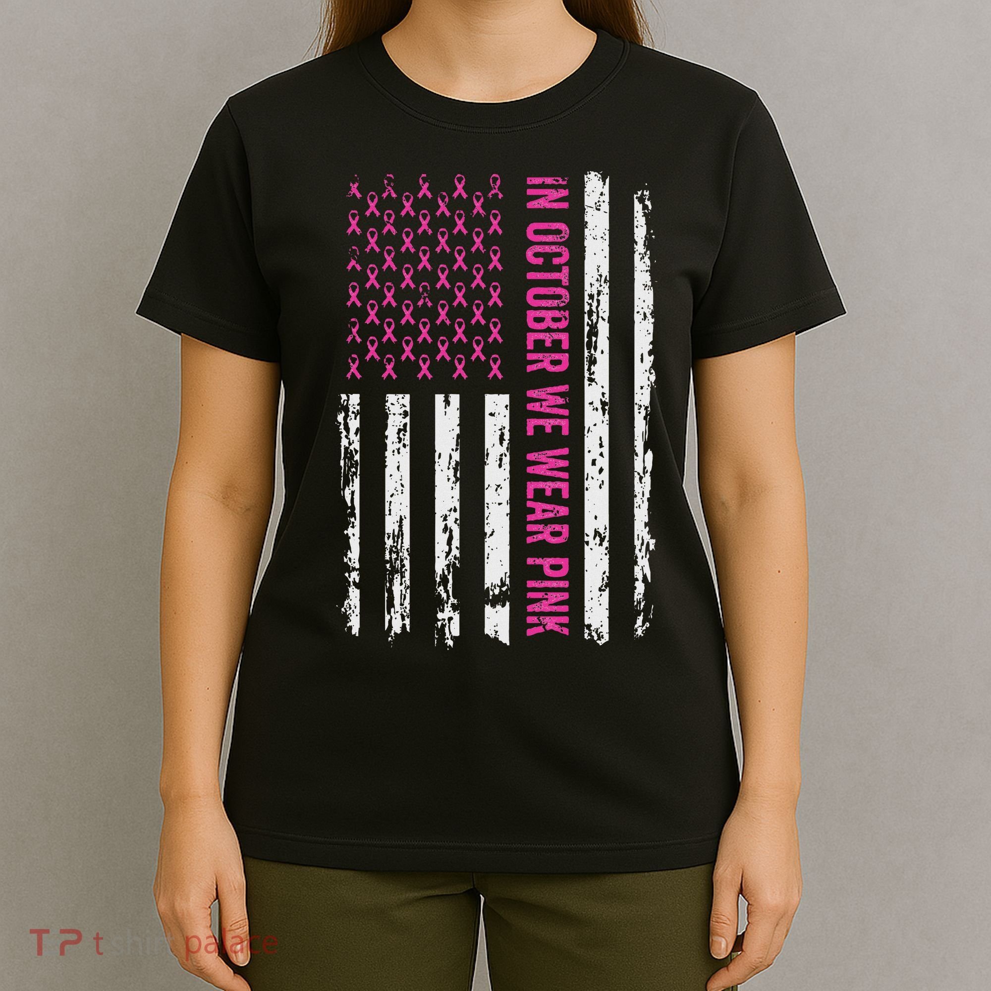 In October We Wear Ribbon Flag Breast Cancer T-Shirt
