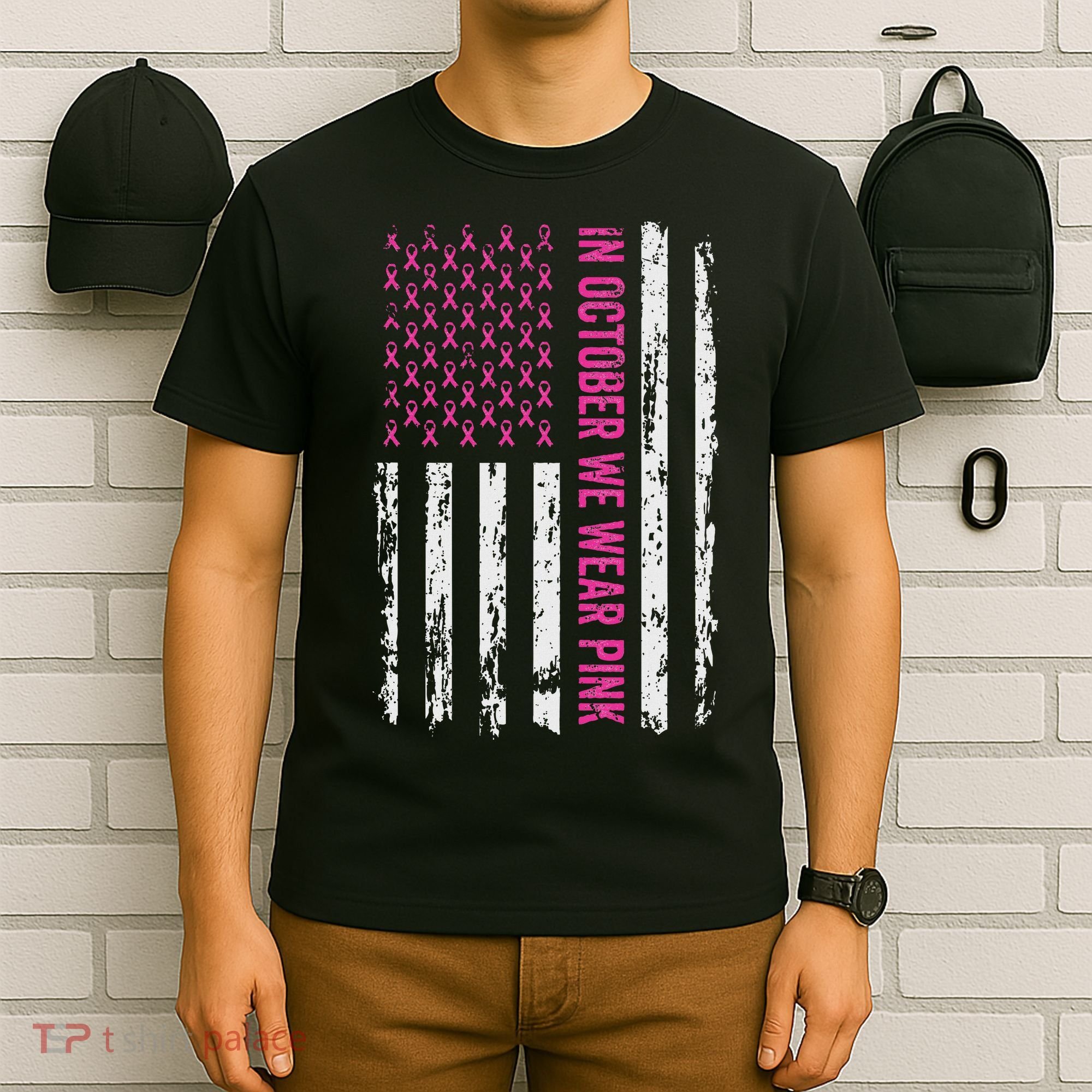 In October We Wear Ribbon Flag Breast Cancer T-Shirt