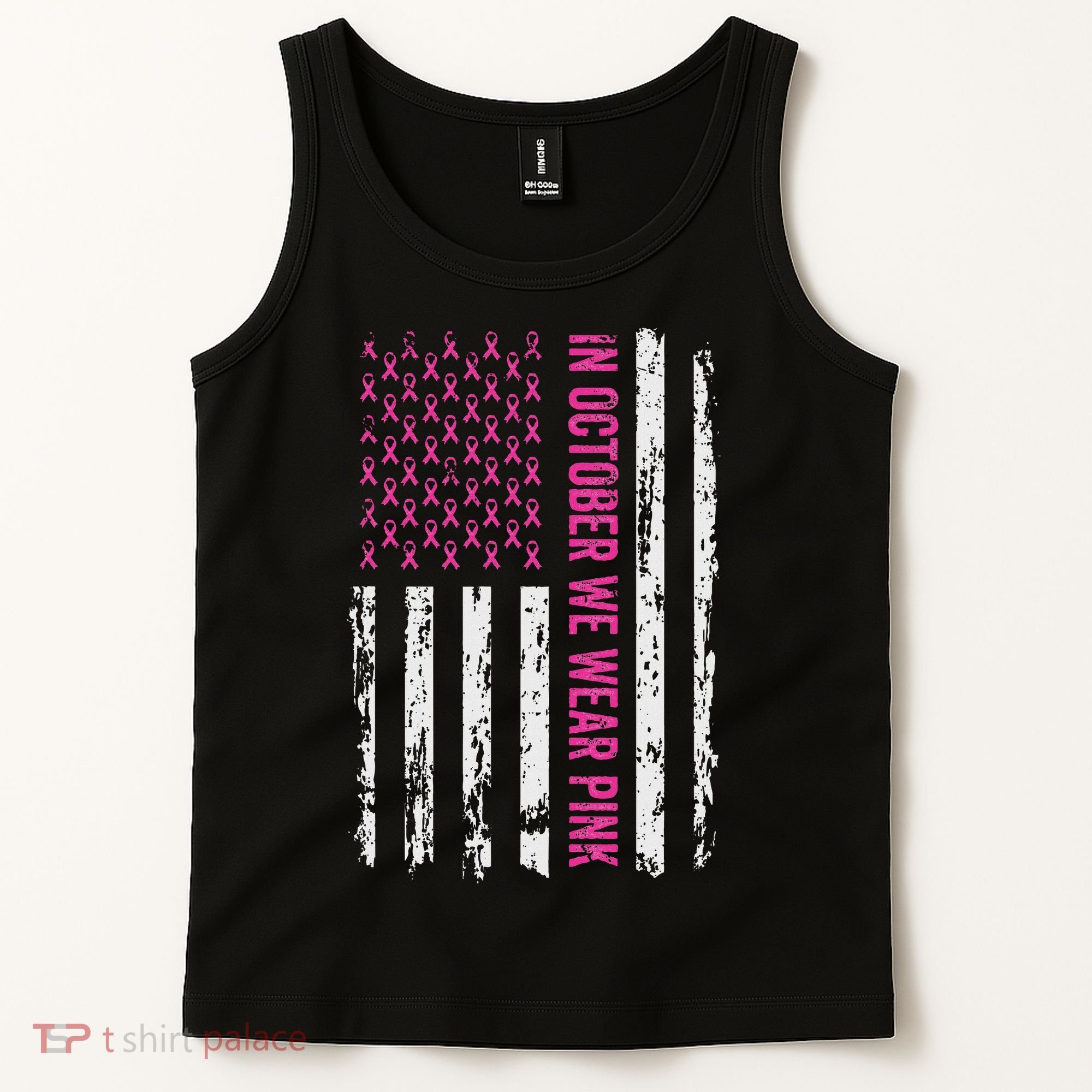 In October We Wear Ribbon Flag Breast Cancer Tank Top
