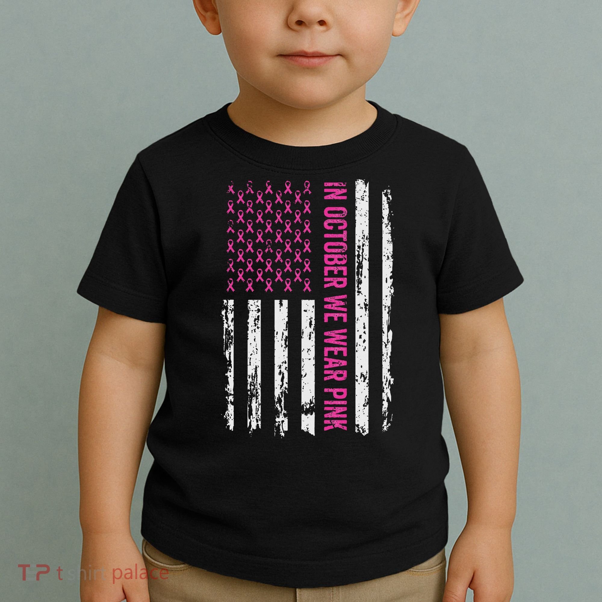 In October We Wear Ribbon Flag Breast Cancer Toddler T-Shirt