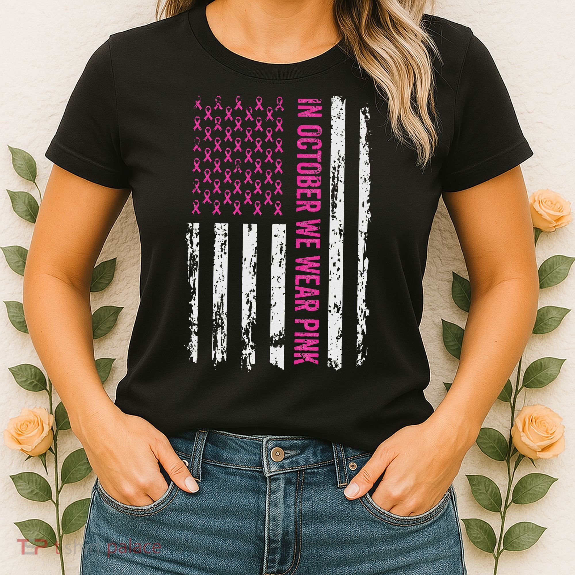 In October We Wear Ribbon Flag Breast Cancer Women's T-Shirt