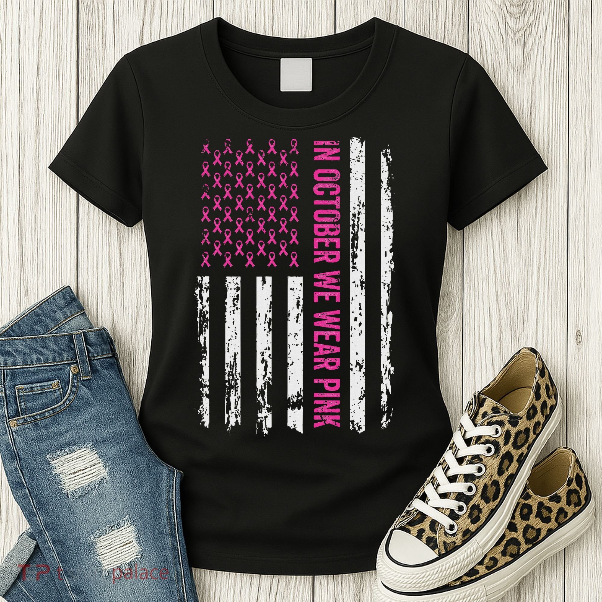In October We Wear Ribbon Flag Breast Cancer Women's T-Shirt