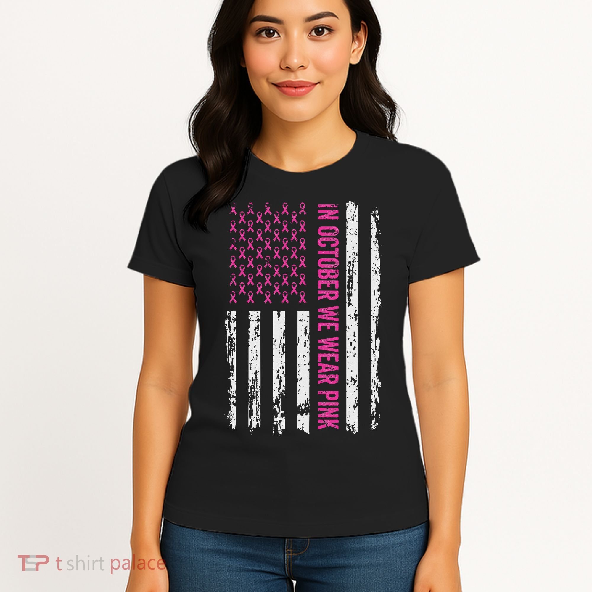 In October We Wear Ribbon Flag Breast Cancer Women's T-Shirt