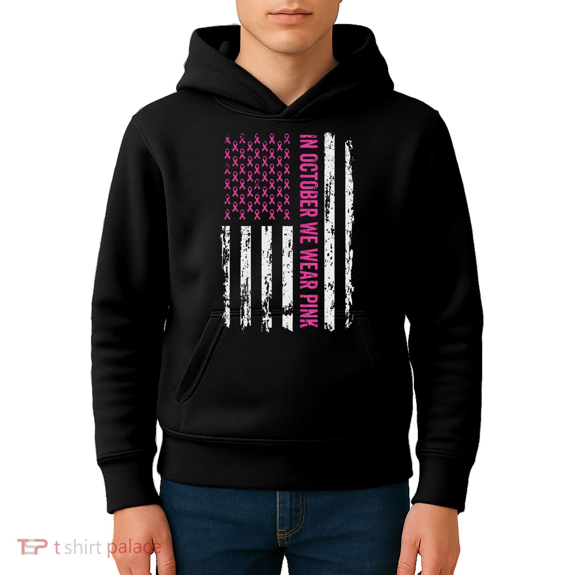 In October We Wear Ribbon Flag Breast Cancer Kids Hoodie