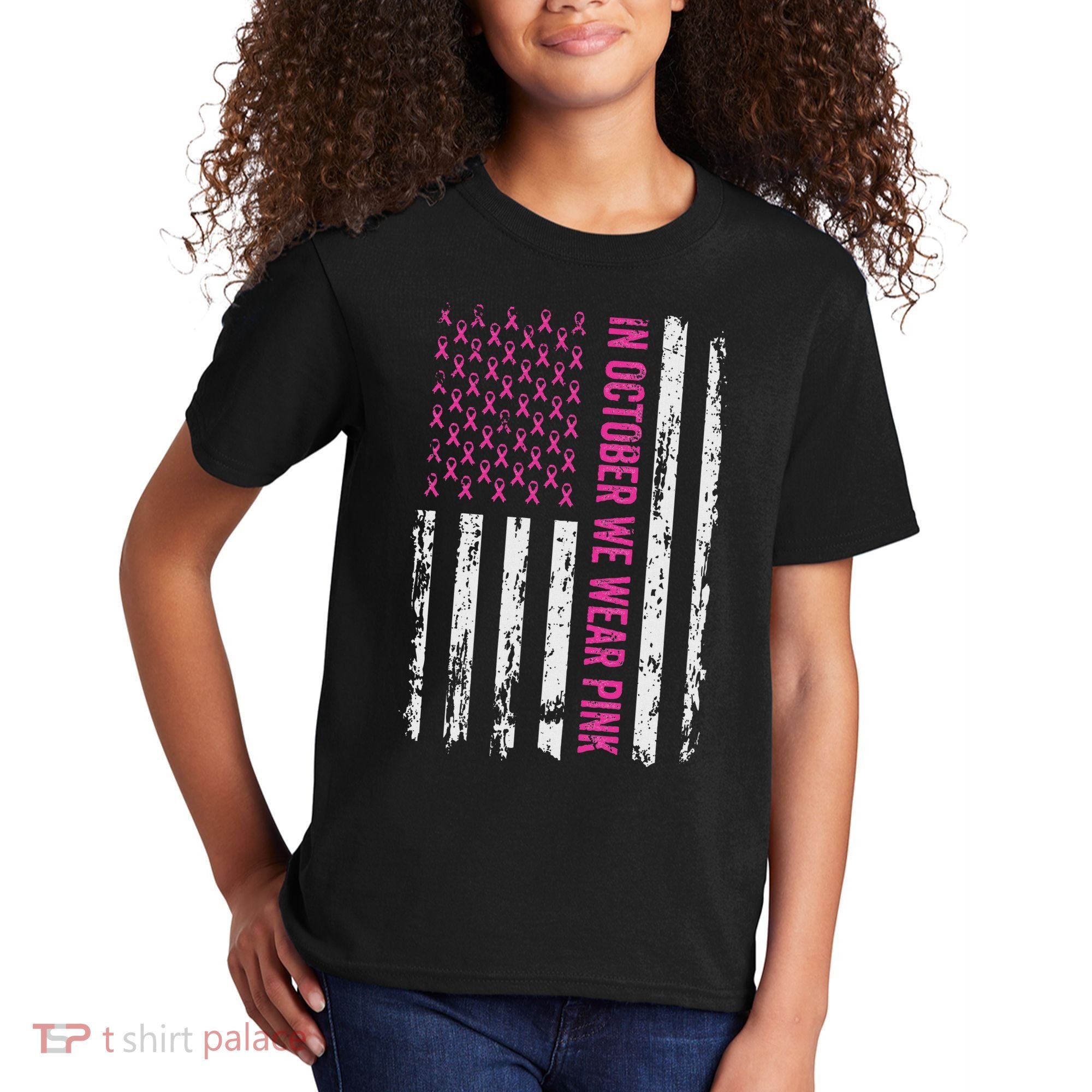 In October We Wear Ribbon Flag Breast Cancer Kids T-Shirt