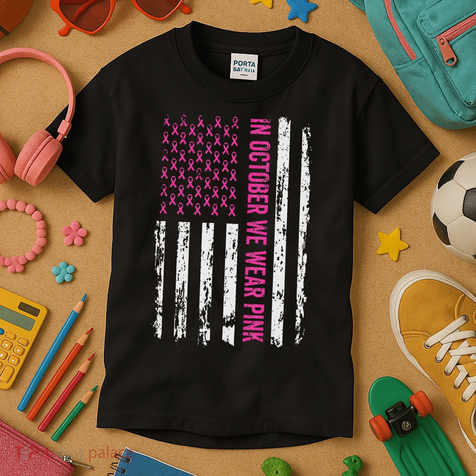 In October We Wear Ribbon Flag Breast Cancer Kids T-Shirt