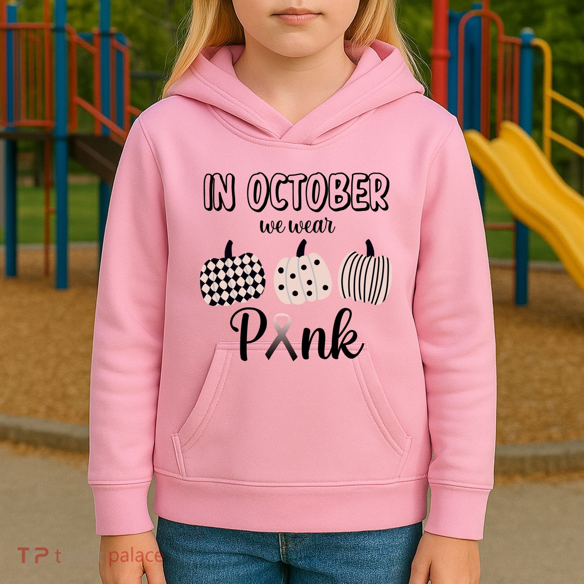In October We Wear Pink Pumpkin Breast Cancer Kids Hoodie