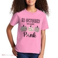 In October We Wear Pink Pumpkin Breast Cancer Kids T-Shirt thumb 2