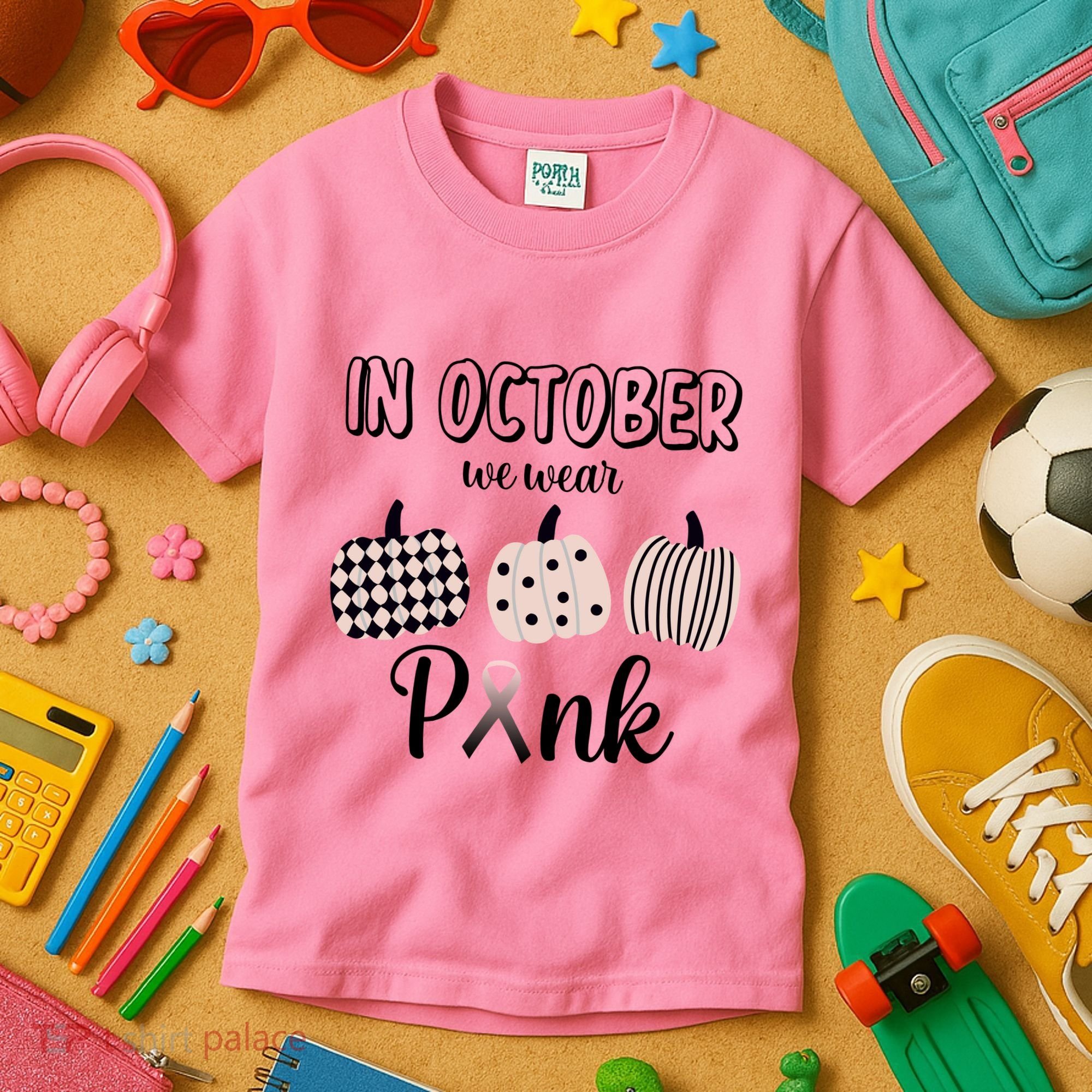 In October We Wear Pink Pumpkin Breast Cancer Kids T-Shirt