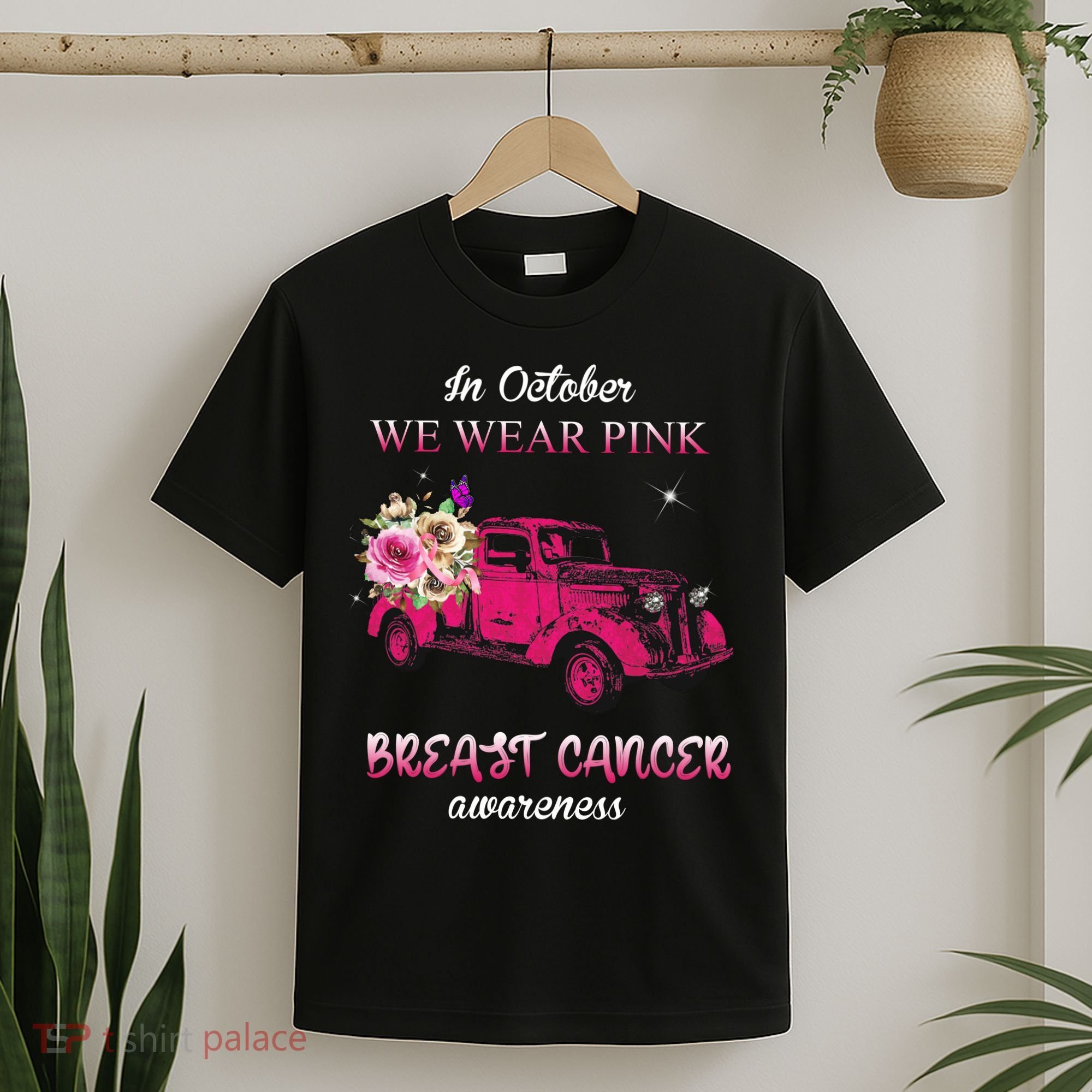 In October We Wear Pink Ribbon Pink Truck Breast Cancer T-Shirt
