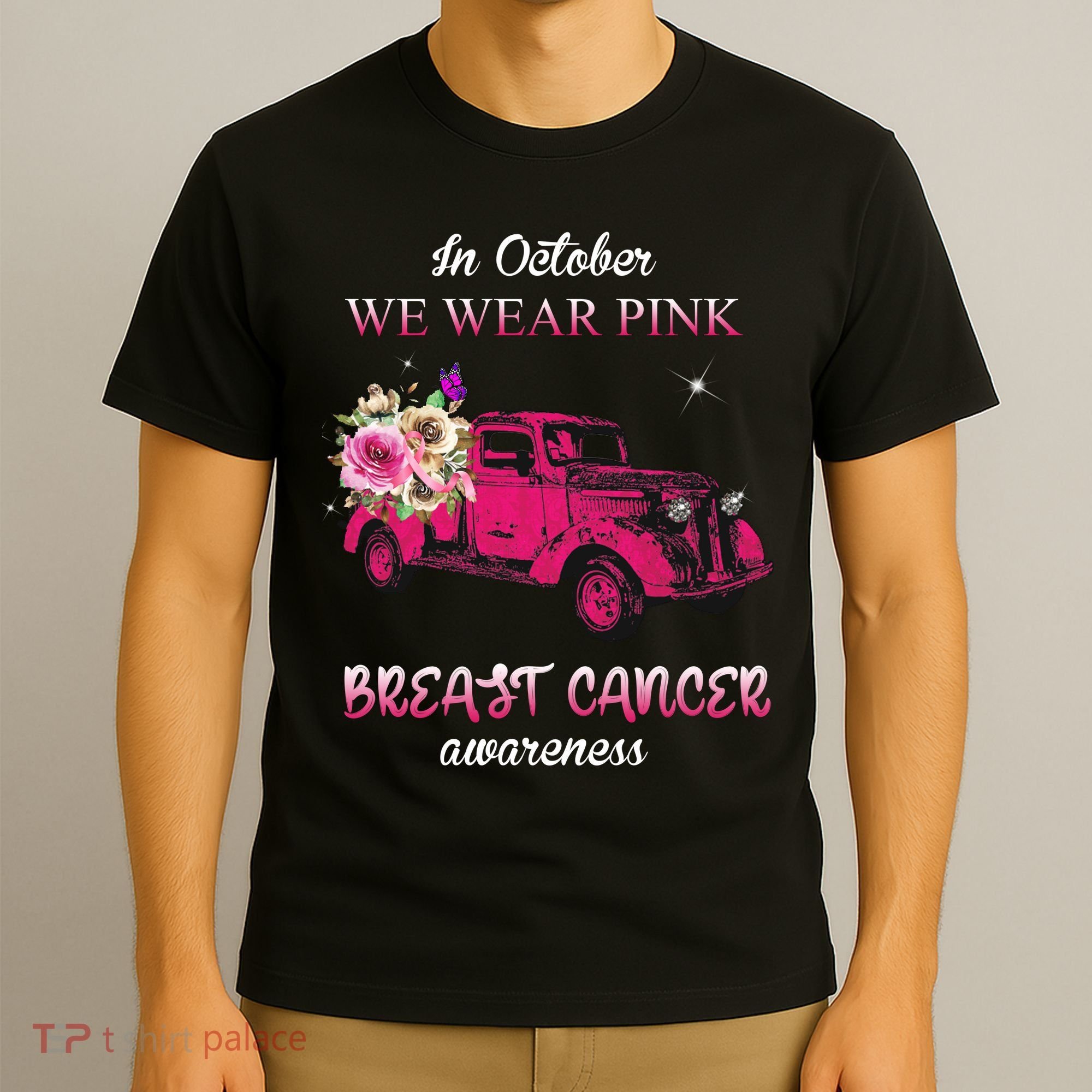 In October We Wear Pink Ribbon Pink Truck Breast Cancer T-Shirt