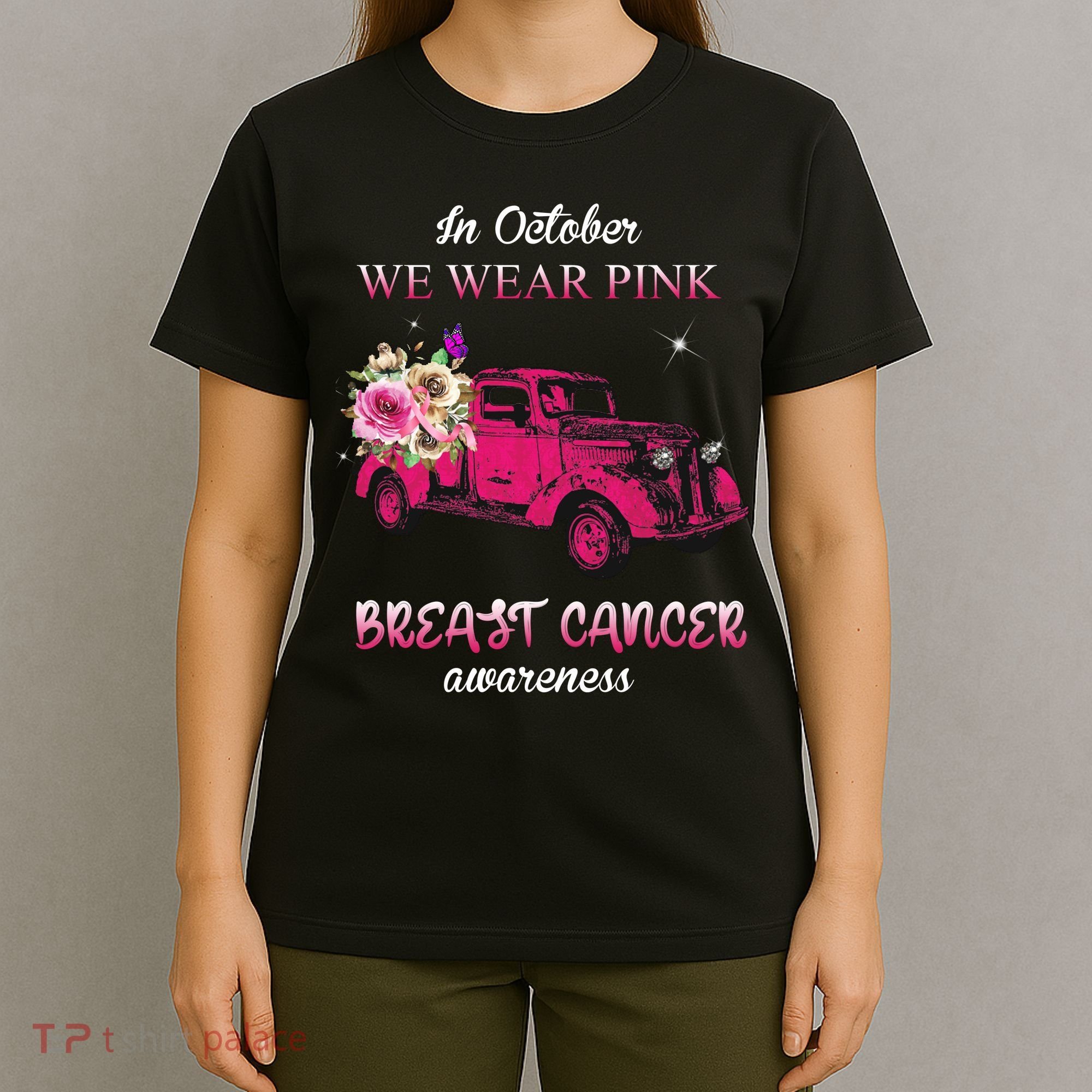 In October We Wear Pink Ribbon Pink Truck Breast Cancer T-Shirt
