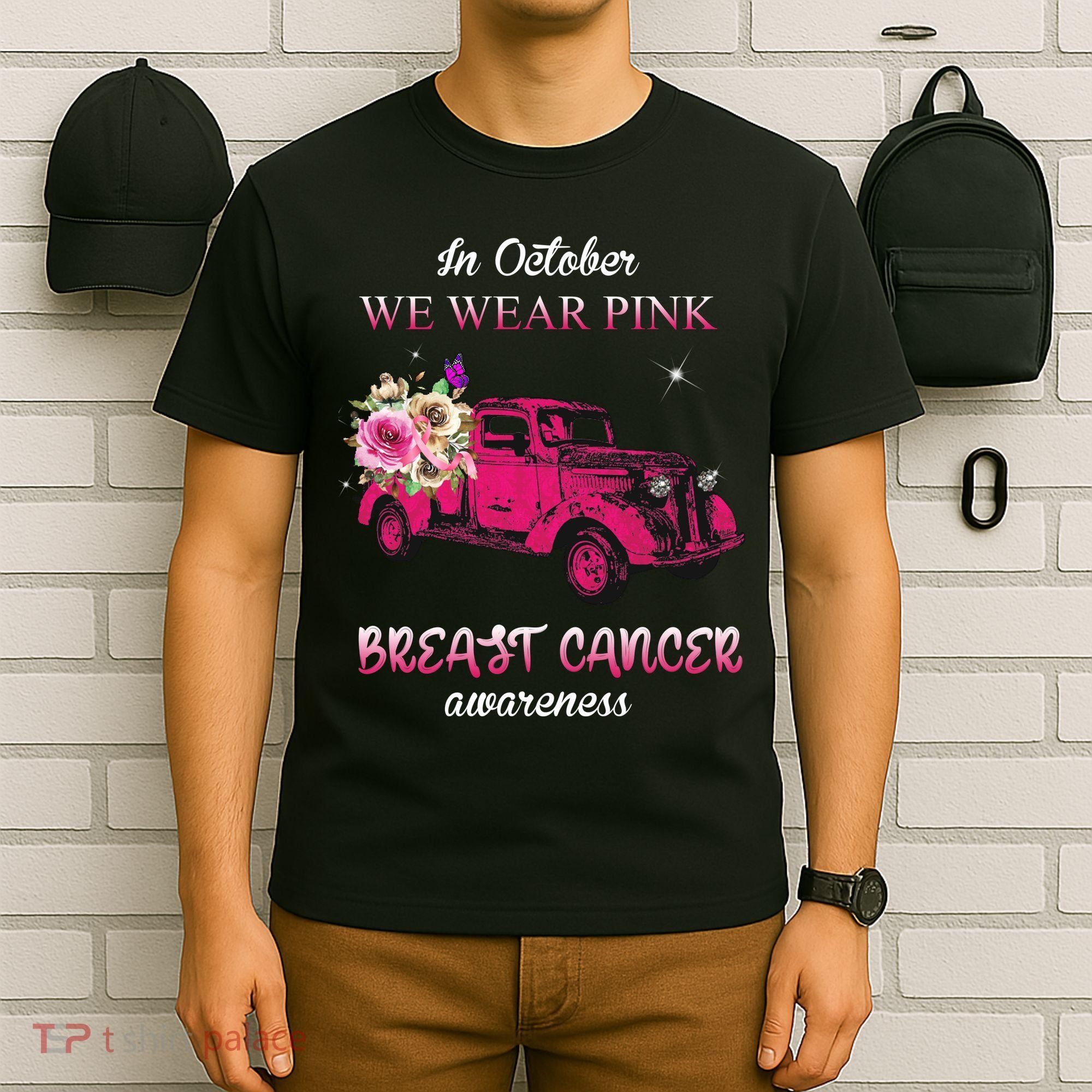 In October We Wear Pink Ribbon Pink Truck Breast Cancer T-Shirt