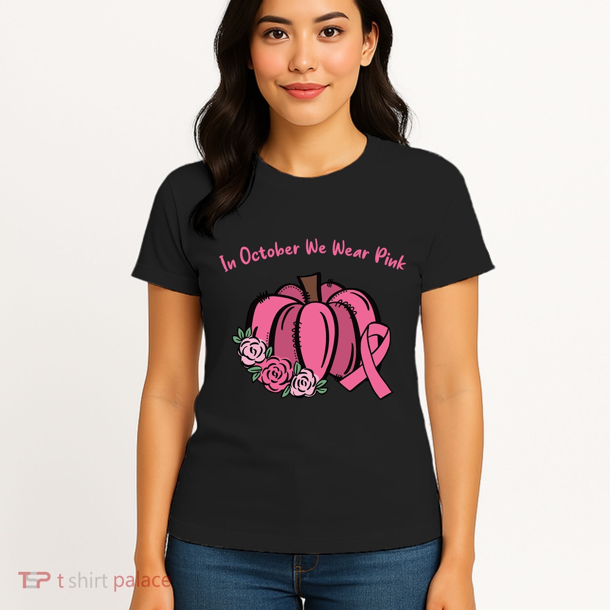 In October We War Pink Autumn Breast Cancer Women's T-Shirt