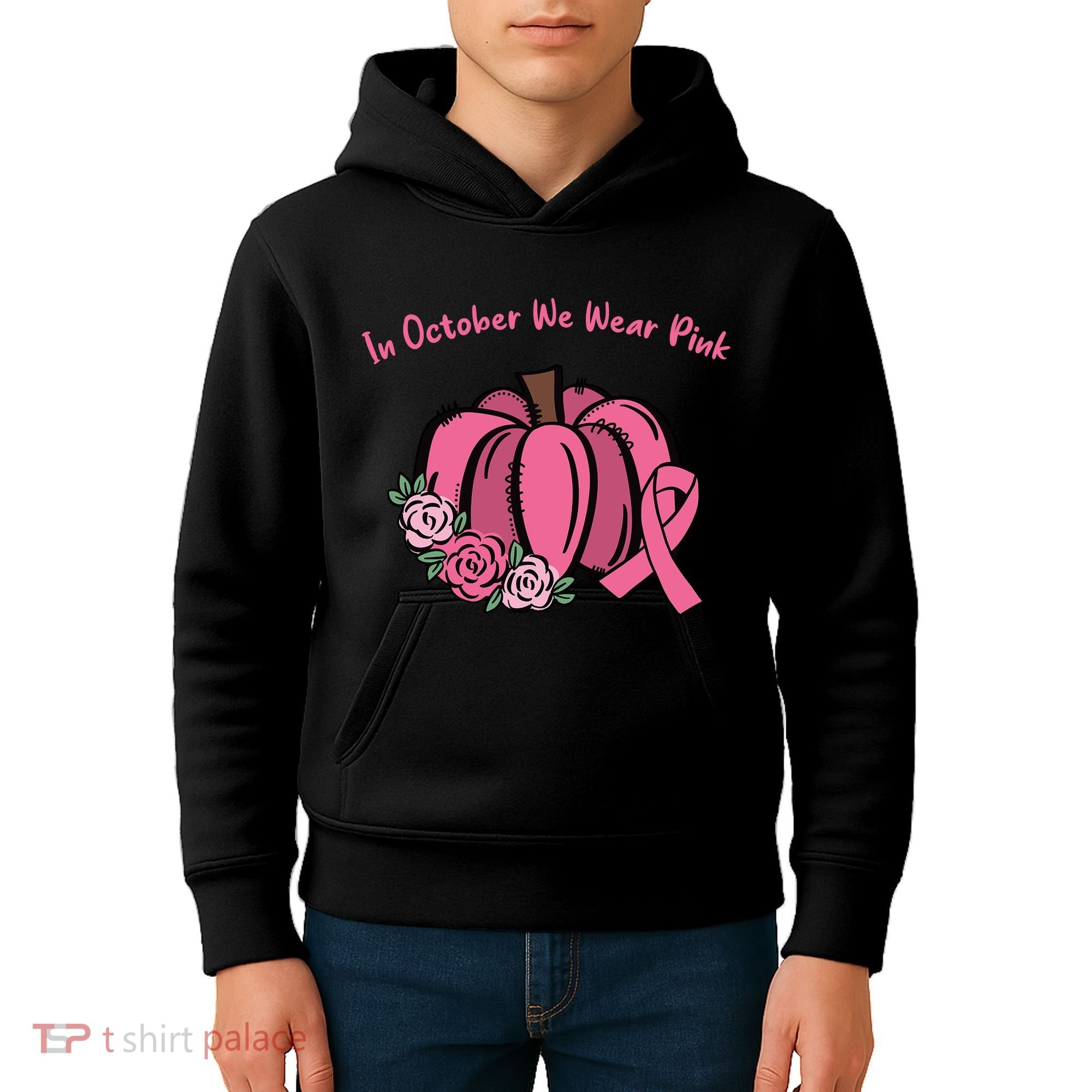 In October We War Pink Autumn Breast Cancer Kids Hoodie