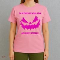 In October We Wear Pink And Watch Football Breast Cancer T-Shirt thumb 4