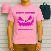 In October We Wear Pink And Watch Football Breast Cancer T-Shirt thumb 6