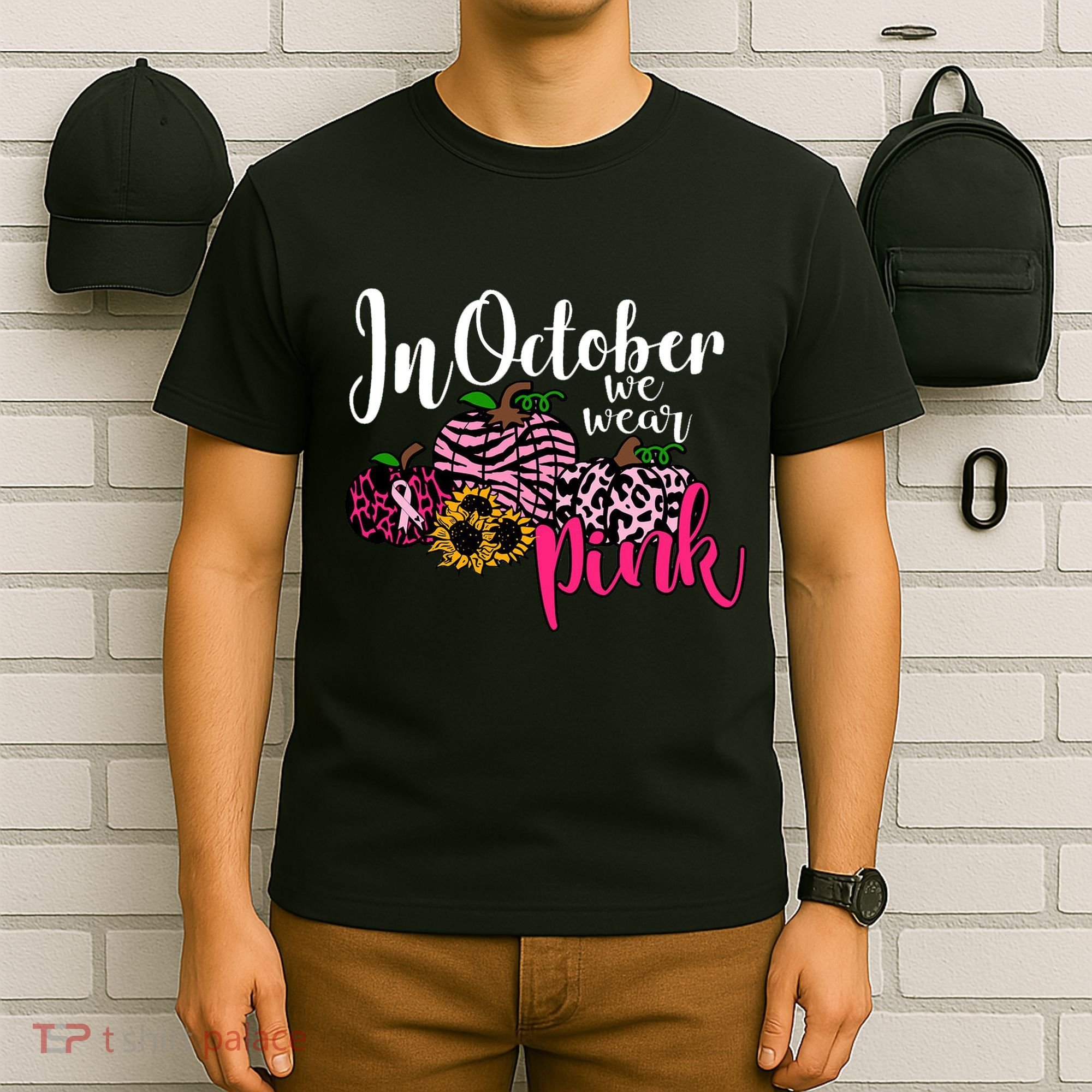 In October We Wear Pink Fall Autumn Support Breast Cancer T-Shirt