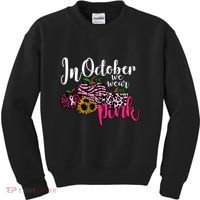 In October We Wear Pink Fall Autumn Support Breast Cancer Kids Sweatshirt thumb 0