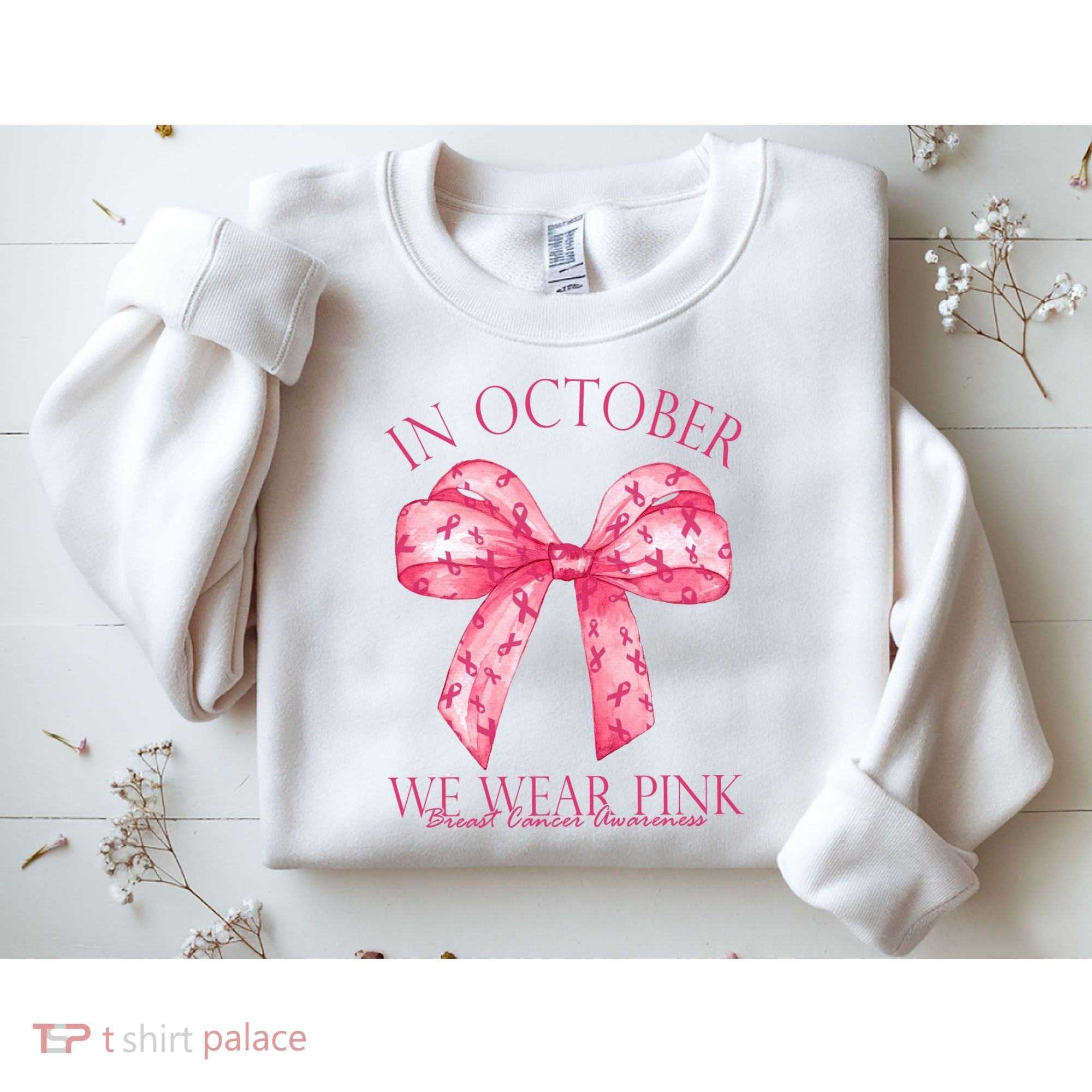 In October We Wear Pink Breast Cancer Awareness Bow Ribbon Sweatshirt