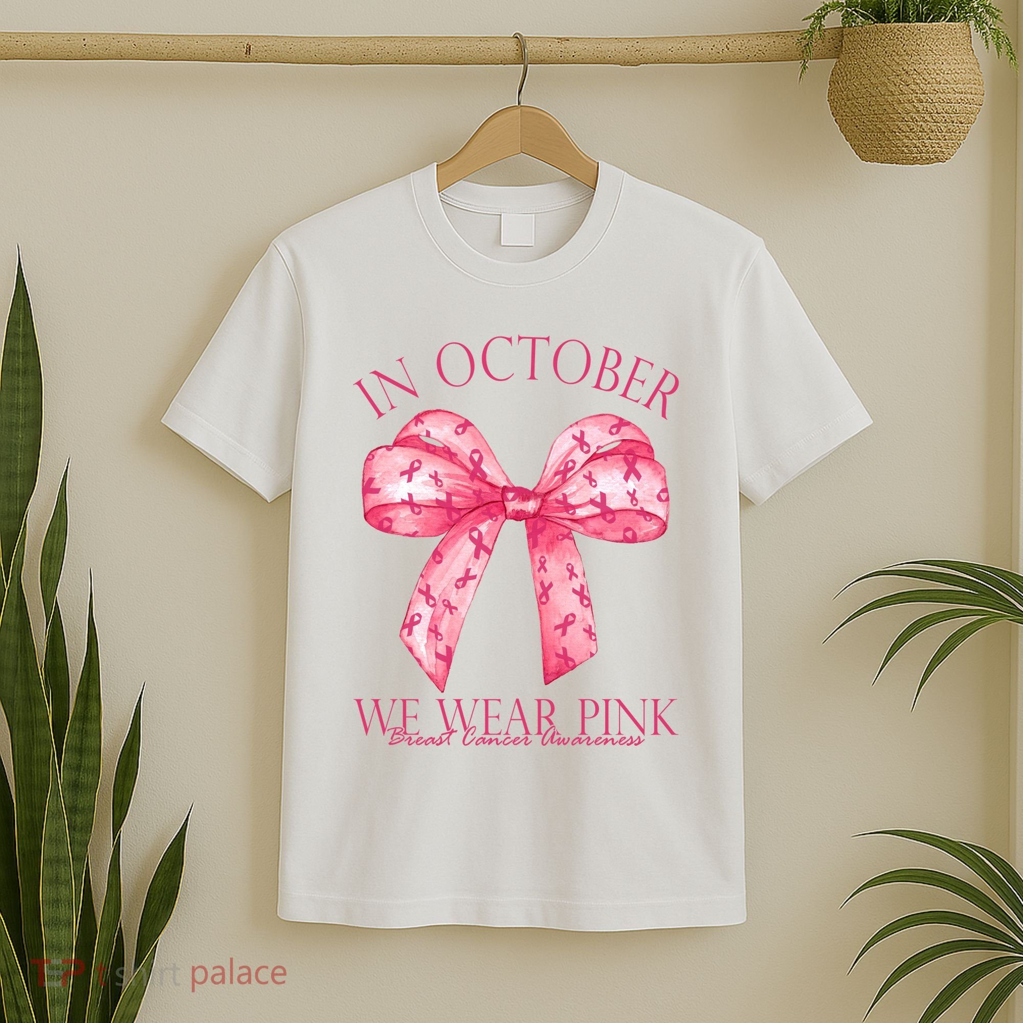 In October We Wear Pink Breast Cancer Awareness Bow Ribbon T-Shirt