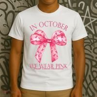 In October We Wear Pink Breast Cancer Awareness Bow Ribbon T-Shirt thumb 3