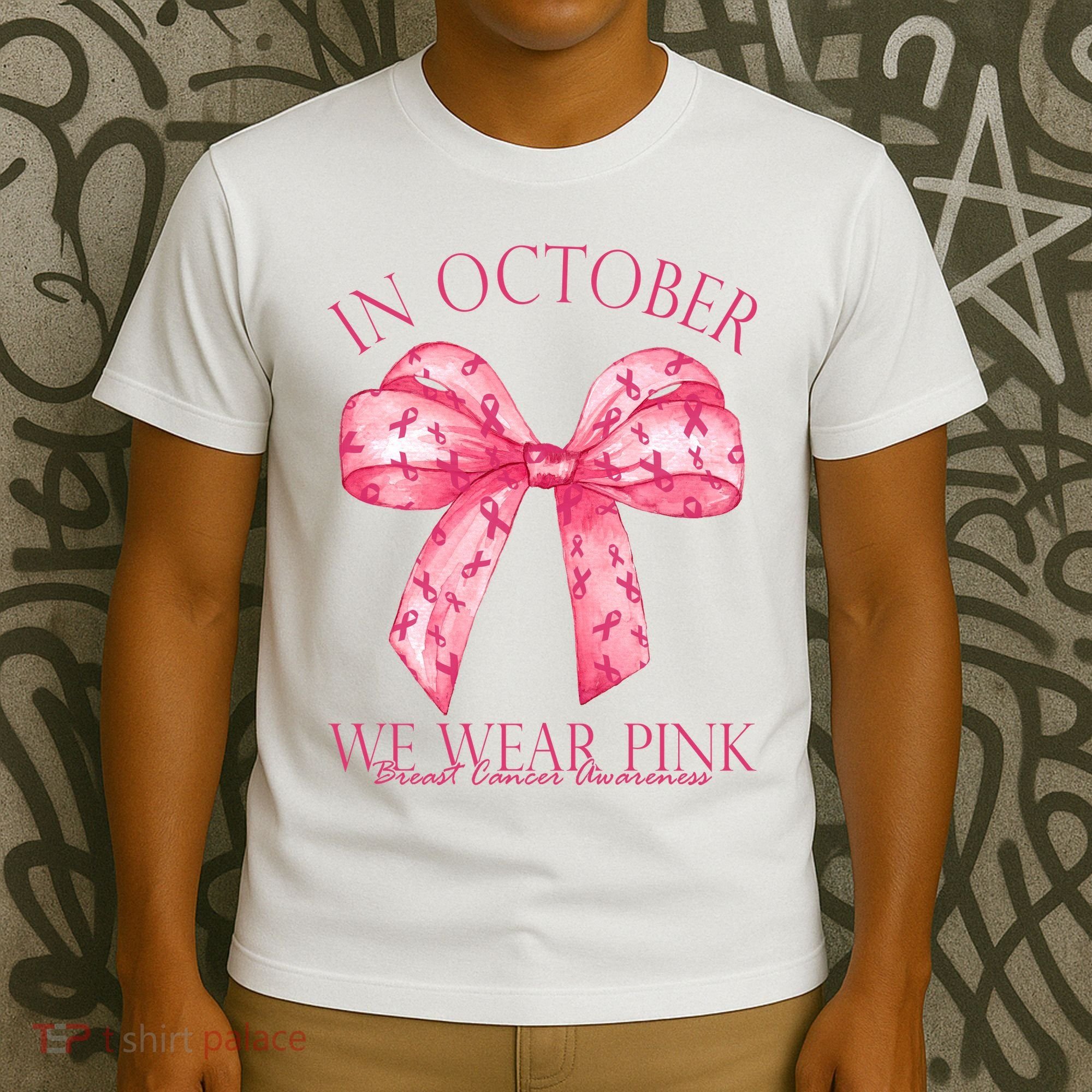 In October We Wear Pink Breast Cancer Awareness Bow Ribbon T-Shirt