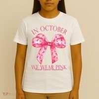 In October We Wear Pink Breast Cancer Awareness Bow Ribbon T-Shirt thumb 4
