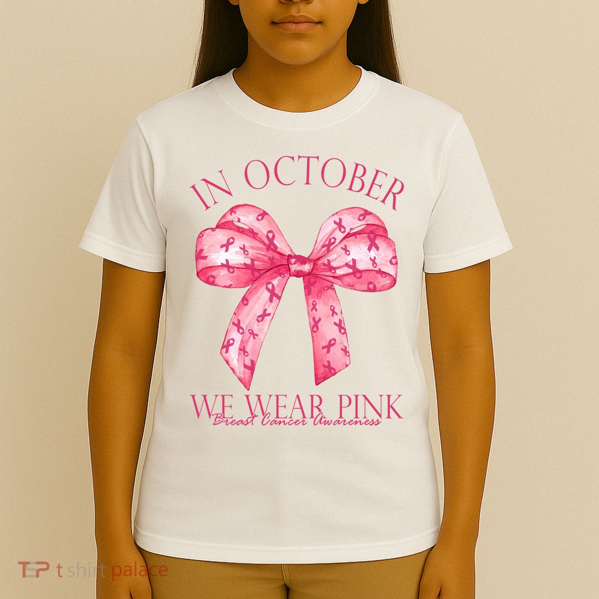In October We Wear Pink Breast Cancer Awareness Bow Ribbon T-Shirt