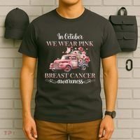 In October We Wear Pink Breast Cancer Floral Truck T-Shirt thumb 6