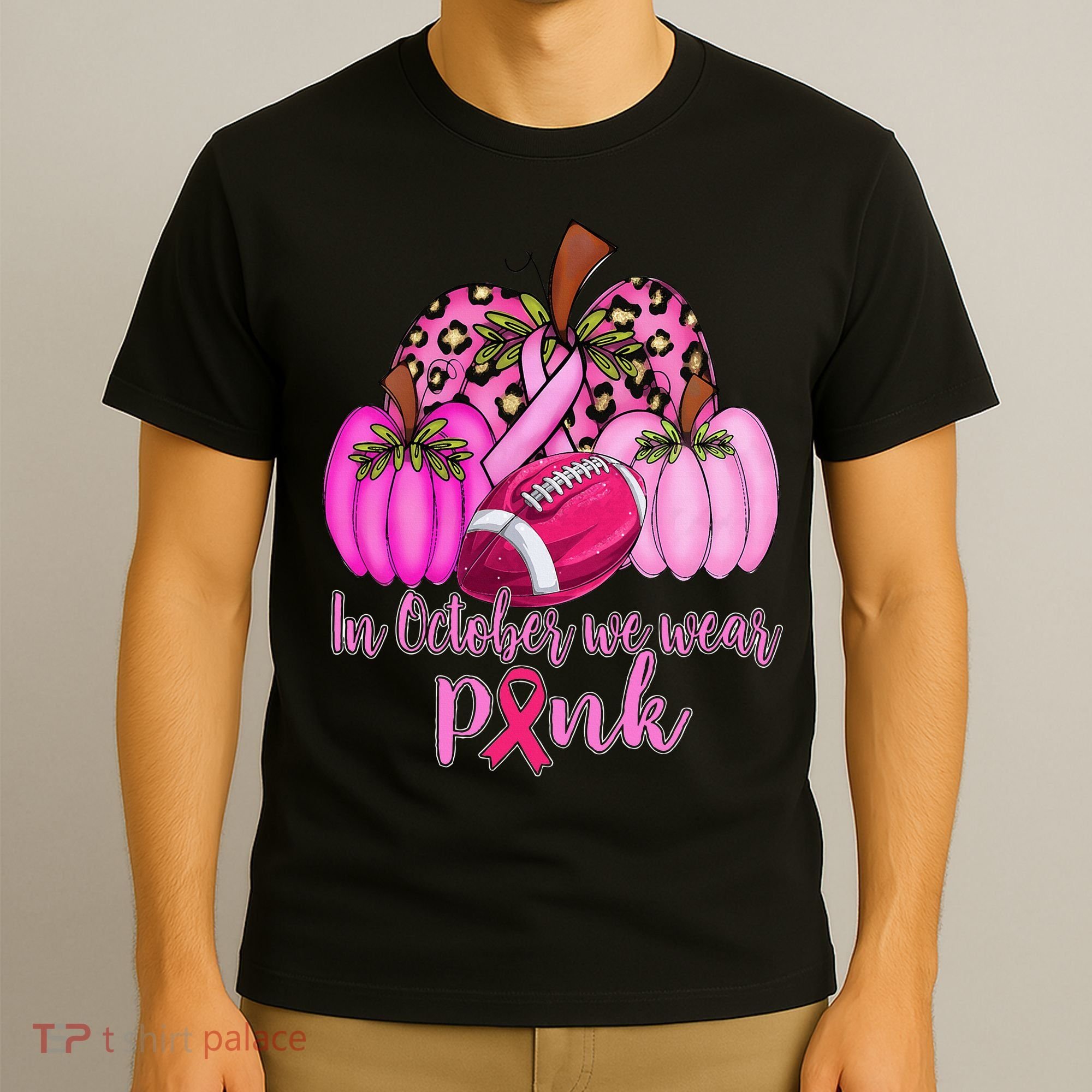 In October We Wear Pink Football Pumpkin Breast Cancer T-Shirt