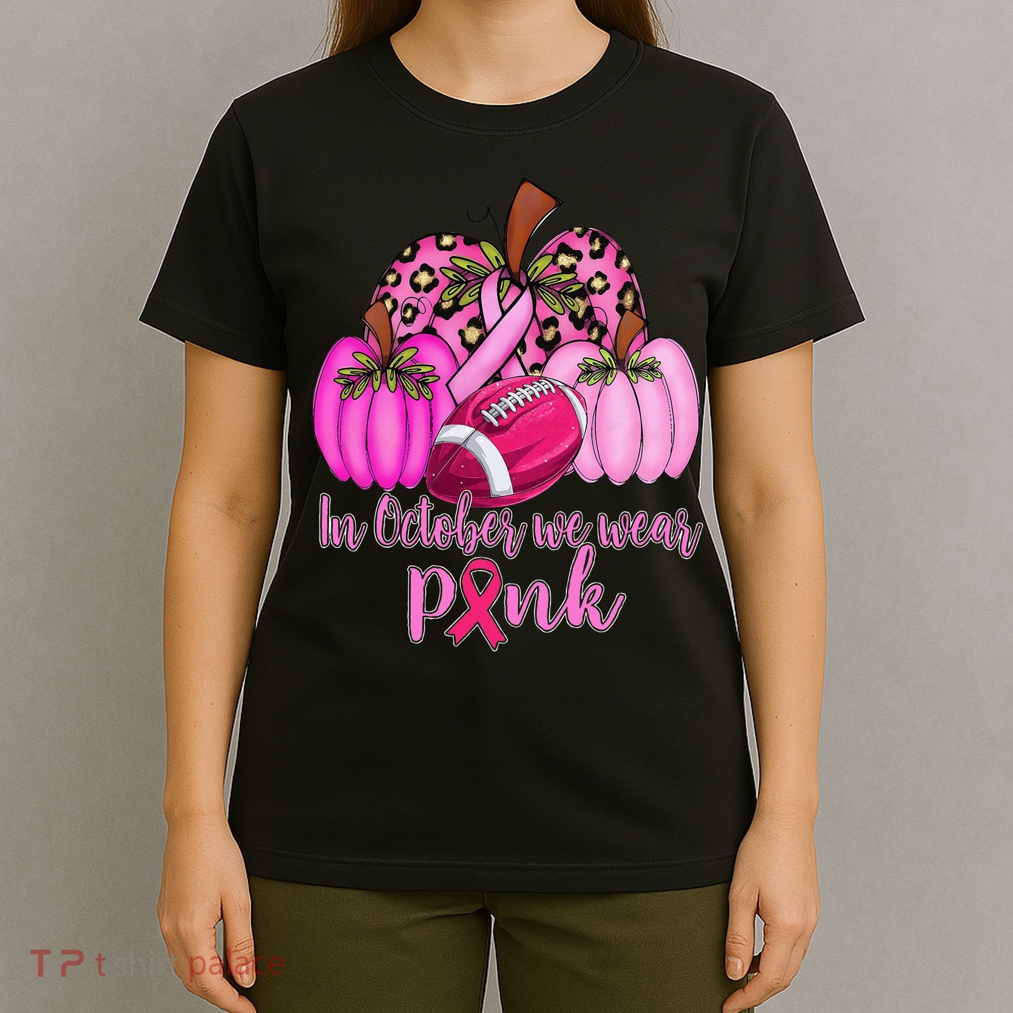 In October We Wear Pink Football Pumpkin Breast Cancer T-Shirt